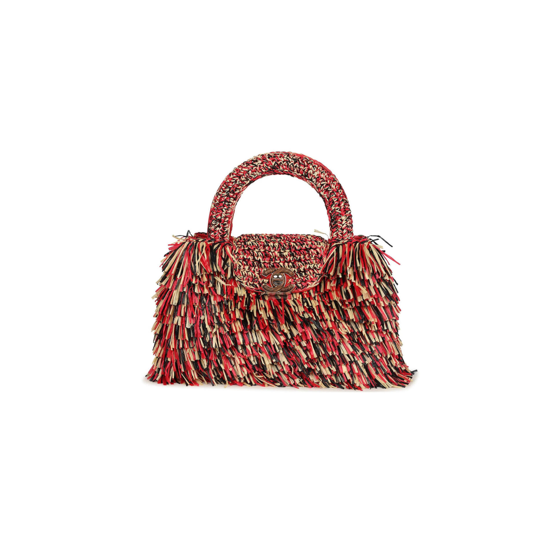 CHANEL MASTER SMALL FRINGE KELLY RED BEIGE BLACK RAFFIA WOOD AND LIGHT GOLD HARDWARE (19*13*7cm)